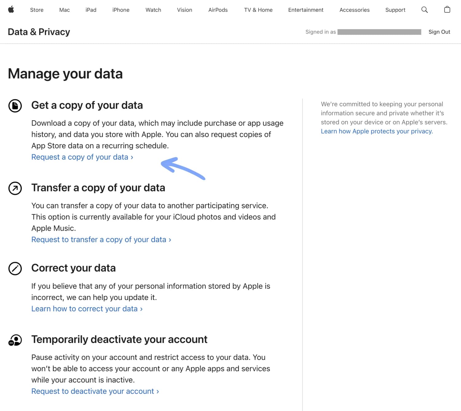 Apple's Data & Privacy page, with an arrow pointing to the "Request a copy of your data" link under the "Get a copy of your data" heading.
