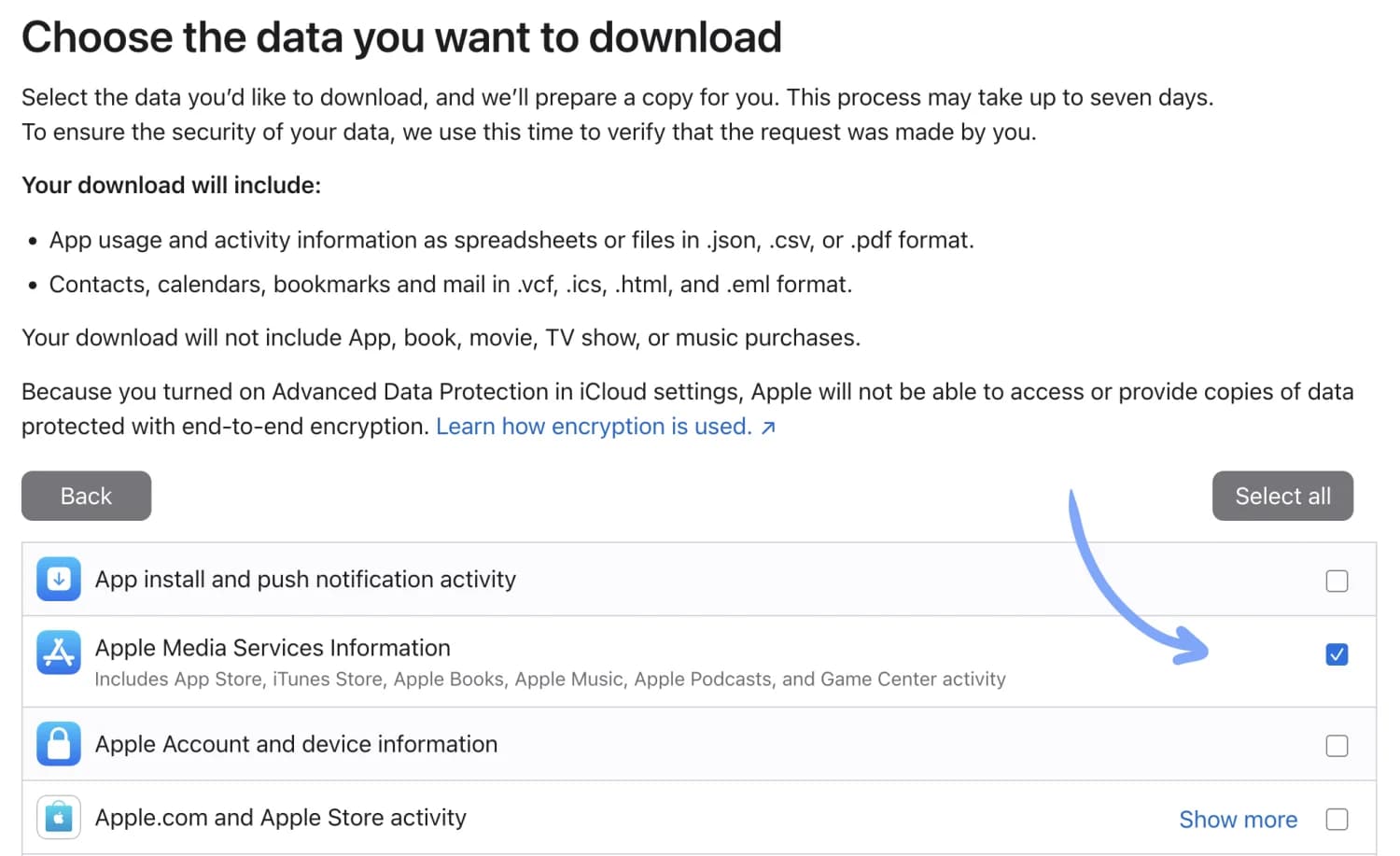 The "Choose the data you want to download" screen with the "Apple Media Services Information" checkbox ticked.