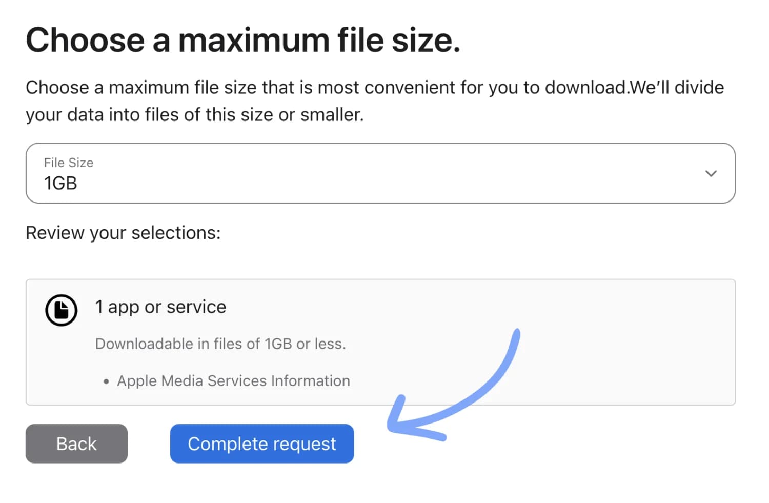 The "Choose a maximum file size" screen showing File Size 1GB and an arrow pointing to the "Complete request" button.
