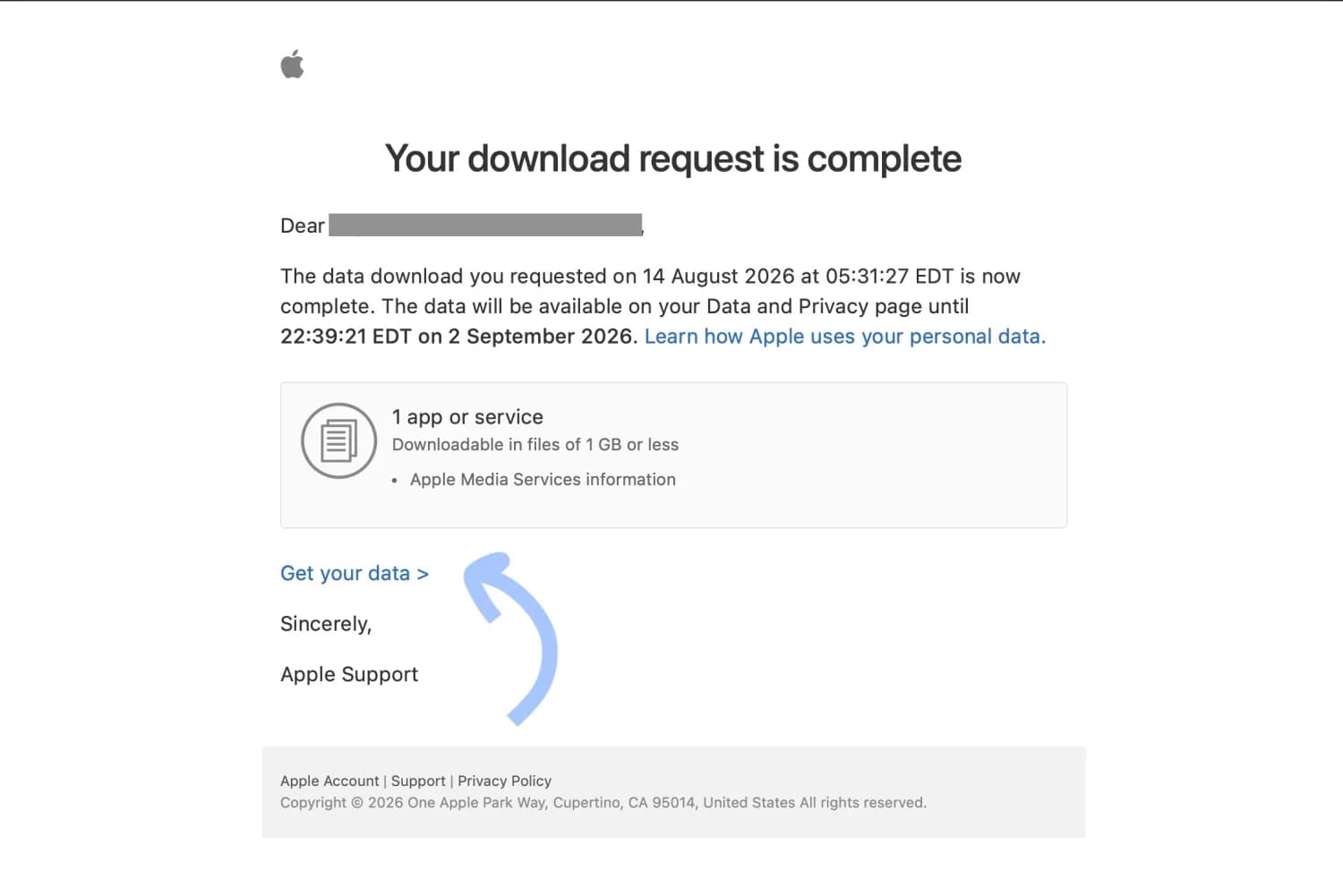 Apple's "Your download request is complete" email, with a "Get your data" link near the bottom.