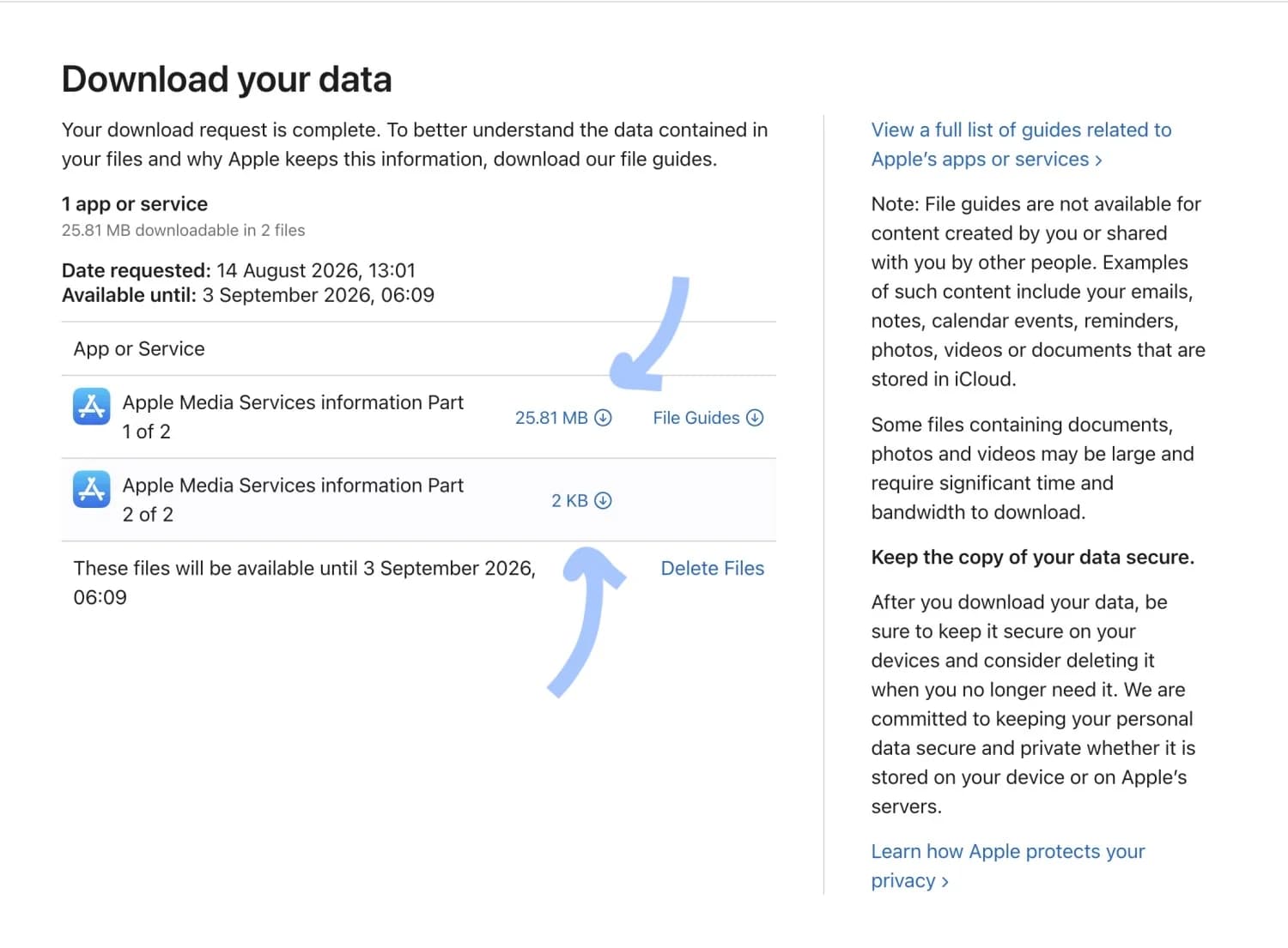 Apple's "Download your data" page, listing "Apple Media Services information" Part 1 of 2 and Part 2 of 2, each with its own download button.
