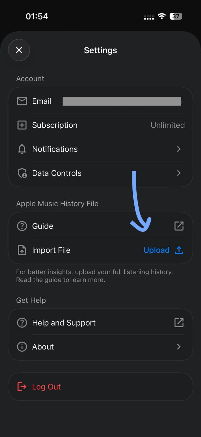 The MuseBud Settings screen, with an arrow pointing to the Upload button in the Apple Music History File section.
